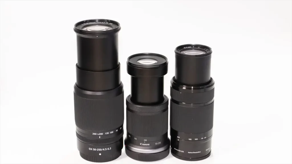 NIKKOR Z DX 50-250mmと他社の望遠ズームレンズとの大きさの比較　ニコンだけ抜きんでて大きい
