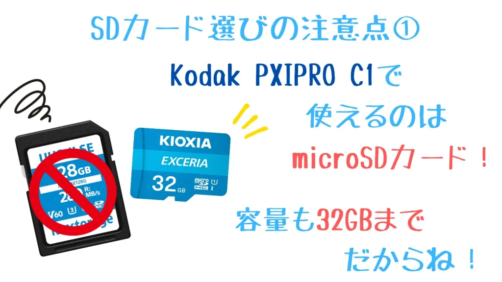 Kodak PIXPRO C1は通常サイズのSDカードではなくmicroSDカードを使用