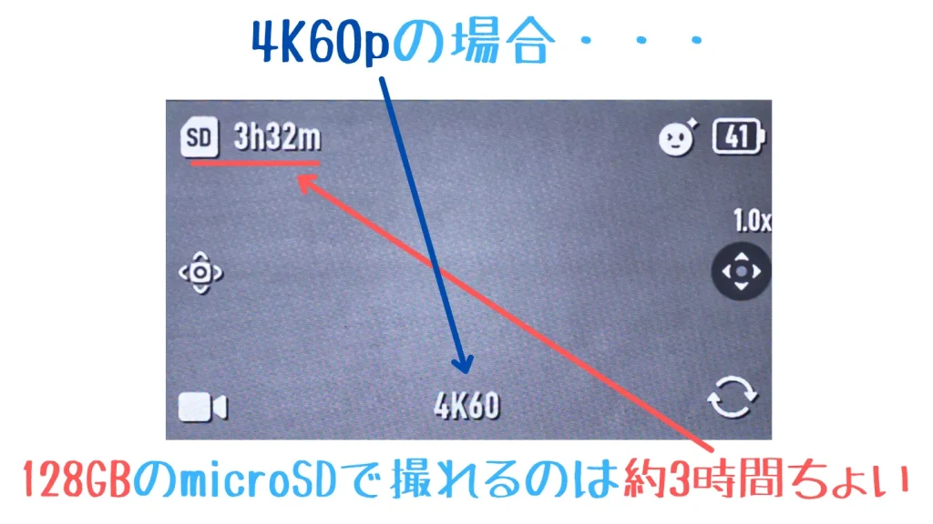 Osmo Pocket 4で128GBのmicroSDカードを使用した4K60pの残り録画時間表示