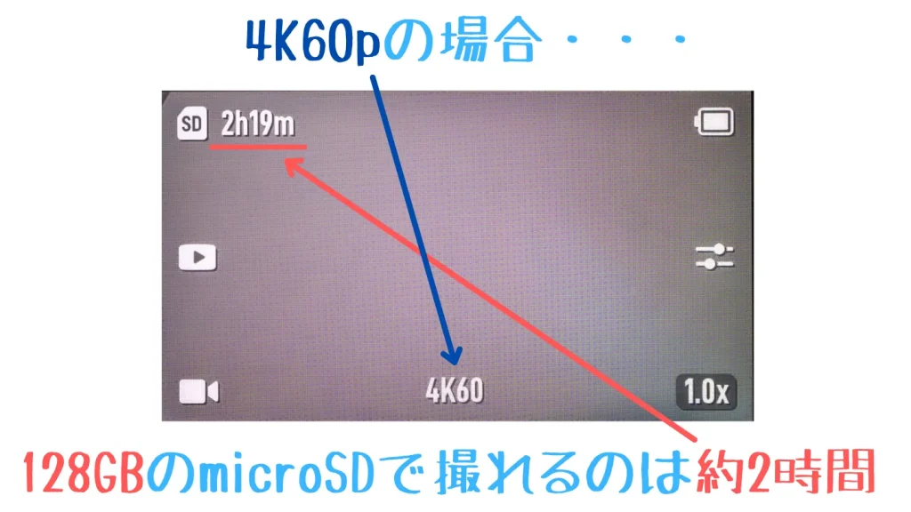 128GBのmicroSDカードを入れたOsmo Action 4の4K60p撮影画面。撮影可能時間は2時間19分と表示