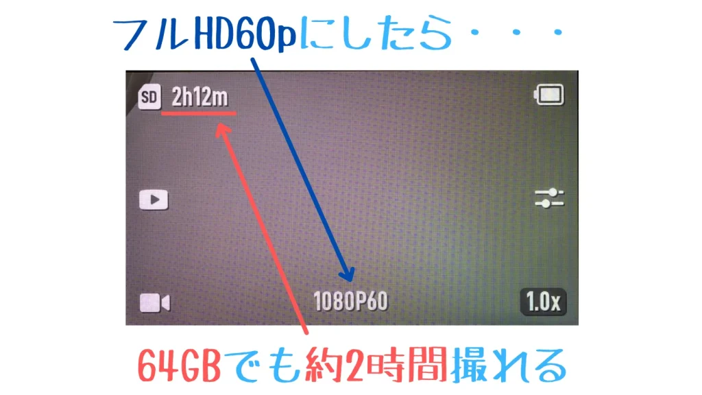 64GBのmicroSDカードを入れたOsmo Action 4のフルHD60p撮影画面。撮影可能時間は2時間12分と表示