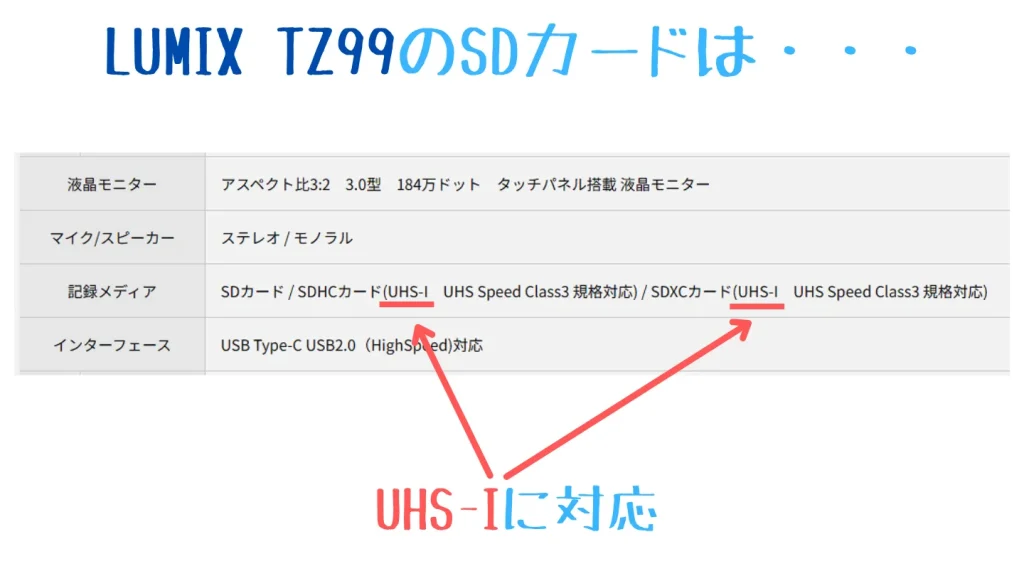 LUMIX TZ99がUHS-I対応であることを示す公式仕様